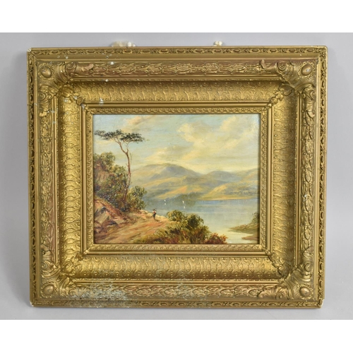 150 - A Gilt Framed 19th Century Oil on Board Depicting Continental Lake Scene, 21x16cm