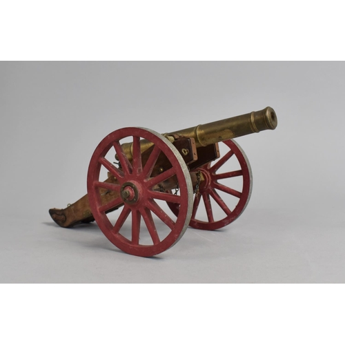 23 - A Mid 20th Century Nicely Detailed Model of a Field Cannon, Brass Barrel, Metal Wheels, 29cms Long