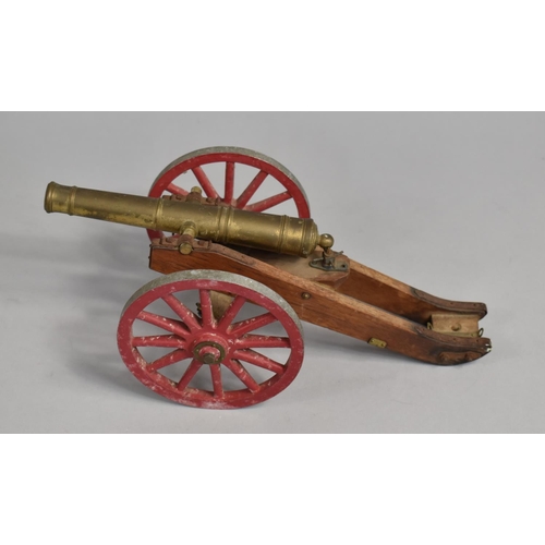 23 - A Mid 20th Century Nicely Detailed Model of a Field Cannon, Brass Barrel, Metal Wheels, 29cms Long