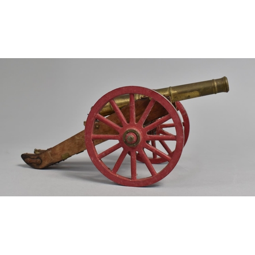 23 - A Mid 20th Century Nicely Detailed Model of a Field Cannon, Brass Barrel, Metal Wheels, 29cms Long