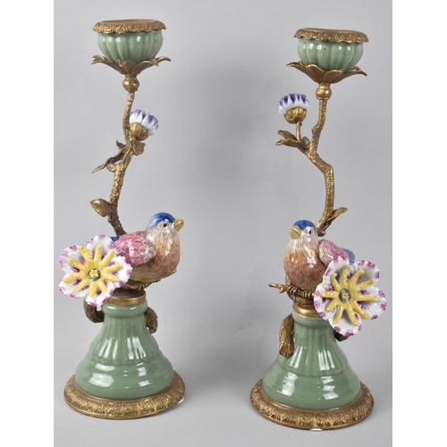 25 - A Pair of Reproduction French Style Bronze and Porcelain Candlesticks in the Form of Birds Perched o... 