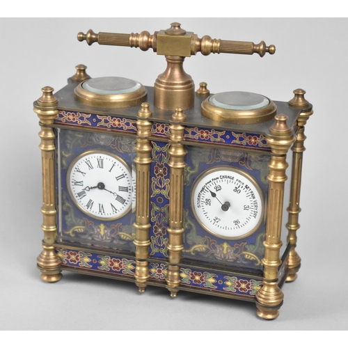 43 - A Reproduction Bronze and Champleve Enamel French Style Weather Station with Clock and Barometer, 13... 