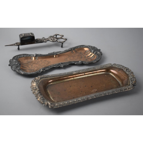 44 - Two 19th Century Candle snuff Trays together with a Plated Candle snuffer, 18cms Long