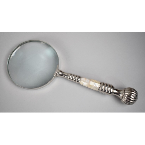 56 - A Modern Desktop Magnifying Glass with Silver Plate and Mother of Pearl Banded Handle, 25.5cms Long