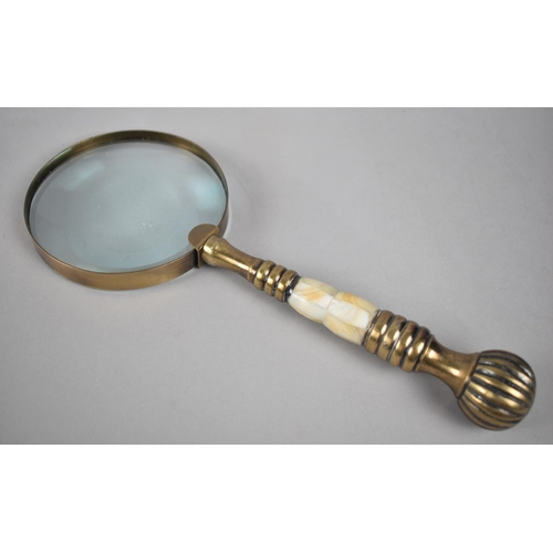 59 - A Modern Brass and Mother of Pearl Handled Desktop Magnifying Glass, 25.5cms Long