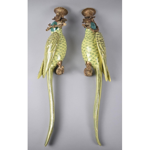 66 - A Pair of Reproduction French Style Wall Hanging Candlesticks in the Form of Parrots in Porcelain an... 