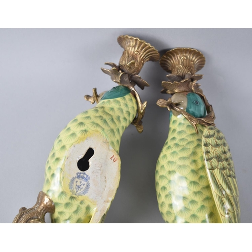 66 - A Pair of Reproduction French Style Wall Hanging Candlesticks in the Form of Parrots in Porcelain an... 