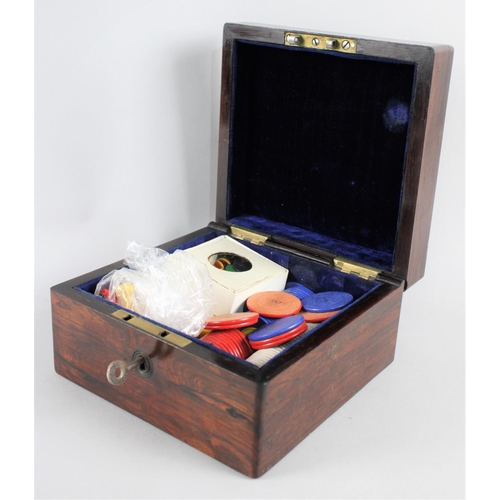 10 - A 19th Century Mahogany Box Containing Collection of Gaming Chips and Tokens, Dice Etc