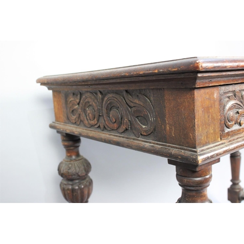 110 - A Late Victorian Gothic Revival Side Table with Two Carved Drawers and Carved Bulbous Supports, Inse... 