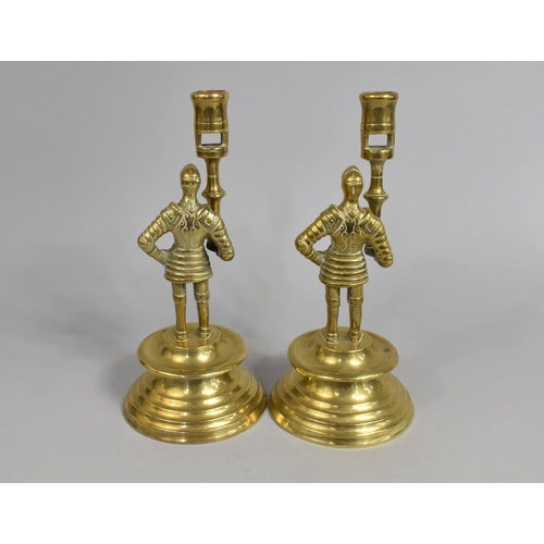 13 - A Pair of Late 19th/Early 20th Century Brass Candlesticks in the Form of Medieval Knights in Armour,... 