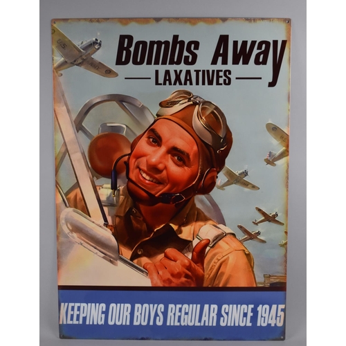 194 - A Reproduction Enamel Style Printed Metal Sign, Bombs Away Laxatives, 50x70cms