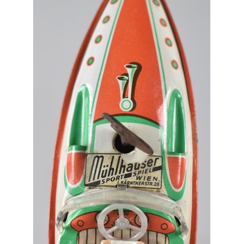 2 - A Vintage Tin Plate Clockwork Model of a Speed Boat by Muhlhauser, 19cms Long