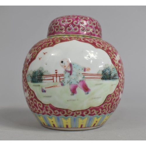 239 - A 20th Century Chinese Ginger Jar Decorated with Figural Carouches on Pink Ground, 12cm high