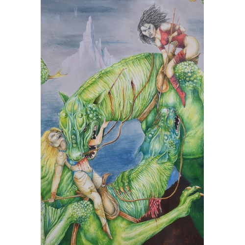 273 - A Framed Watercolour by Zoe Bradley, Dragons Battling, 53x44cms