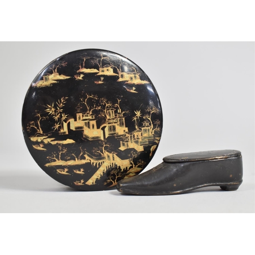 30 - A Circular Chinoiserie Lacquered Box with Gilt Decoration, 9cms Diameter, together with a 19th Centu... 