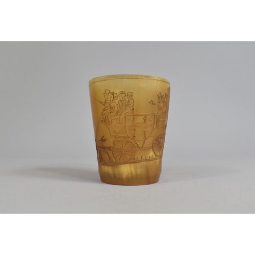 31 - An Etched Tortoiseshell or Horn Beaker Decorated with Stagecoach Scene