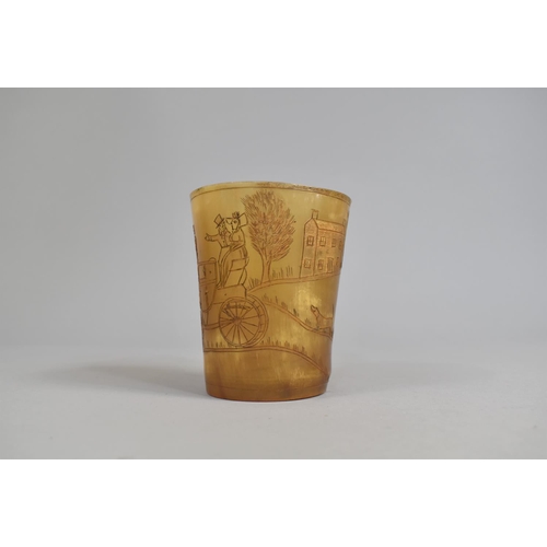 31 - An Etched Tortoiseshell or Horn Beaker Decorated with Stagecoach Scene