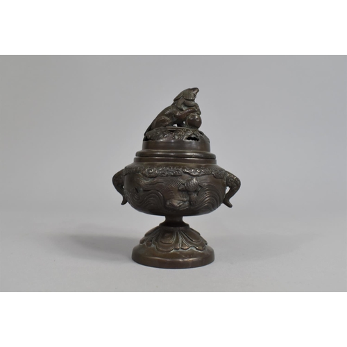 33 - A Late 19th/Early 20th Century Patinated Bronze Japanese Koro with Lid having Temple Lion Finial, El... 