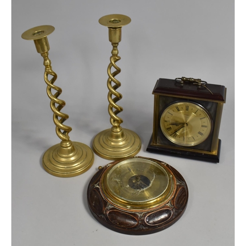 330 - A Pair of Brass Spiral Candlesticks, a Late Victorian/Edwardian Oak Cased Wall Barometer with Brass ... 