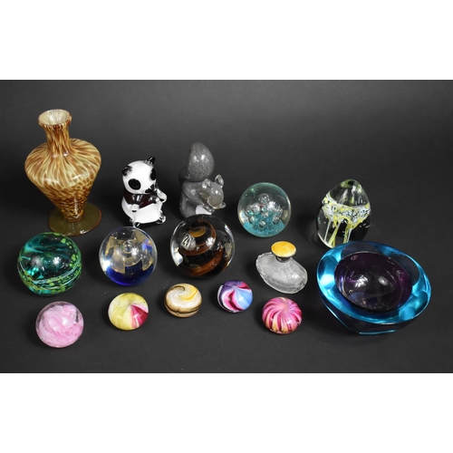 334 - A Collection of Various Glass Paperweights etc Together with an Enamel and Silver Topped Perfume Bot... 