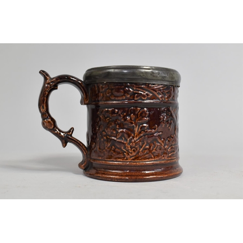 355 - A Joseph Thompson Wooden Box Pottery Derbyshire (1818-1856) Glazed Tankard with Pewter Mount Togethe... 