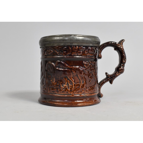 355 - A Joseph Thompson Wooden Box Pottery Derbyshire (1818-1856) Glazed Tankard with Pewter Mount Togethe... 