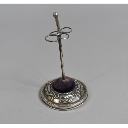 373 - A Silver Hatpins Stand with Ball Terminal Above Quadruple Ring Lower Section on Circular Pincushion ... 