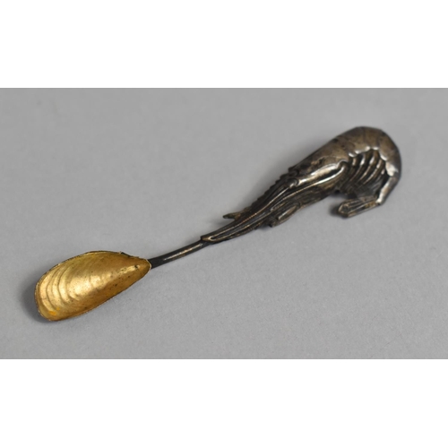 375 - A Small White Metal Salt Spoon Having Shell Shaped Gilt Bowl and with Shrimp Stylised Handle, 8cm lo... 