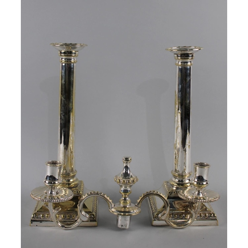 41 - A Pair of Silver Plated Candlesticks complete with One Two Branch Candelabra Top, Overall Height 38c... 