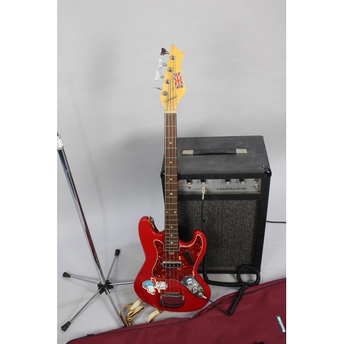 431 - An Electric Bass Guitar and Carry Bag, Together With a Realistic Microphone Stand and RSC Phantom 50... 