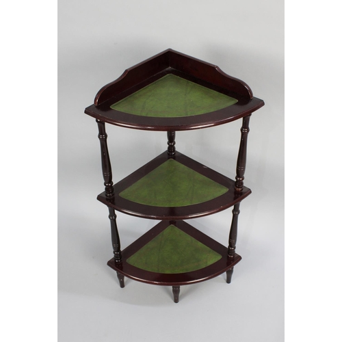 485 - A Modern Three Tier Corner Whatnot with Tooled Leather Shelves, 82cms High