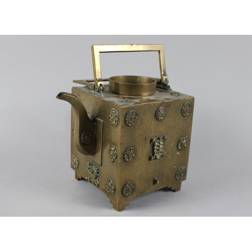 5 - A Late 19th/Early 20th Century Chinese Brass Teapot of Cube Form on Bracket Feet, Two Hinged Handles... 