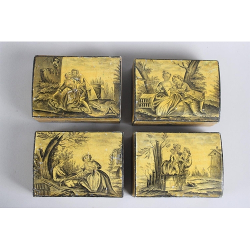 62 - A Set of Four 19th Century Dome Topped Small Boxes with Hand Painted Lacquer Decoration Depicting Va... 