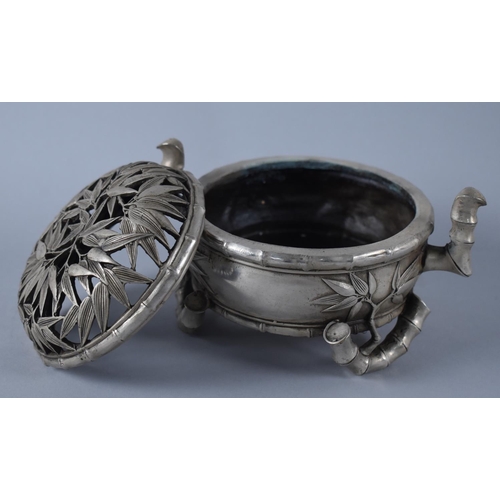 80 - A Reproduction Chinese Silver Plated Censer with Pierced Lid and Faux Bamboo Supports, 4 Character M... 