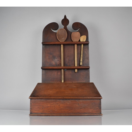 54 - A Georgian Oak Spoon Rack, Back with Scrolled Crest and Base Candle Box with Sloping Hinged Lid, 43c... 