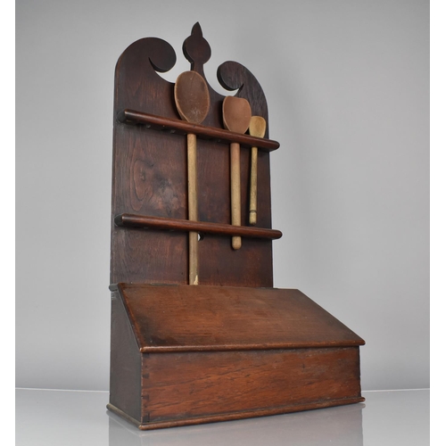 54 - A Georgian Oak Spoon Rack, Back with Scrolled Crest and Base Candle Box with Sloping Hinged Lid, 43c... 