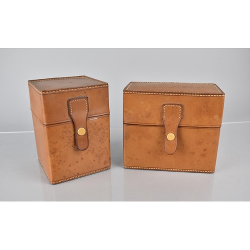 59 - Two Well Made Leather Cased Sets of Glass Flasks, All with Plated Tops and Inner Glass Stoppers, One... 