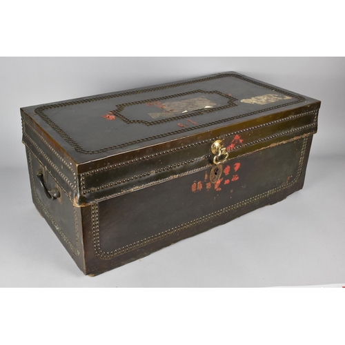 73 - A 19th Century Brass Studded Leather Covered Camphor Wood Chest with Brass Banding, Address Label fo... 