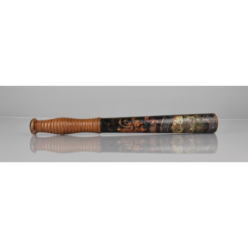 112 - A Victorian Painted Wooden Blackburn Police Truncheon with Polychrome Painted Decoration on Black Gr... 