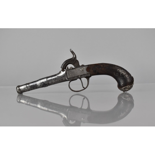 115 - A Late 18th/19th Century Percussion Cap Pocket Pistol, Unsigned, with Silver Wire Inlay and Grotesqu... 