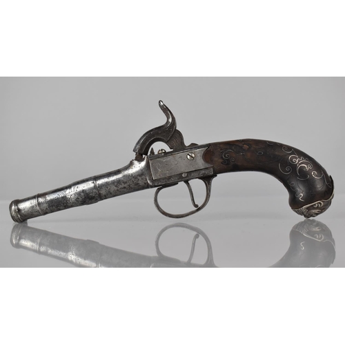 115 - A Late 18th/19th Century Percussion Cap Pocket Pistol, Unsigned, with Silver Wire Inlay and Grotesqu... 