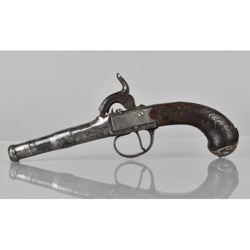 115 - A Late 18th/19th Century Percussion Cap Pocket Pistol, Unsigned, with Silver Wire Inlay and Grotesqu... 