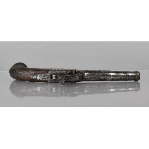 115 - A Late 18th/19th Century Percussion Cap Pocket Pistol, Unsigned, with Silver Wire Inlay and Grotesqu... 