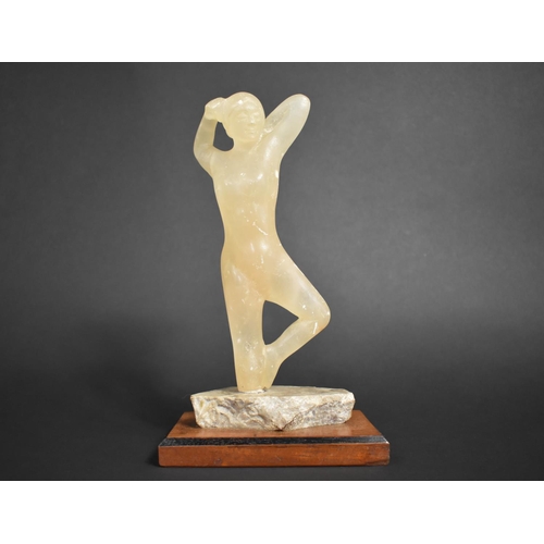 75 - An Early 20th Century Carved Calcite Figure of a Female Nude, Mounted on Mahogany Plinth, 25cms High