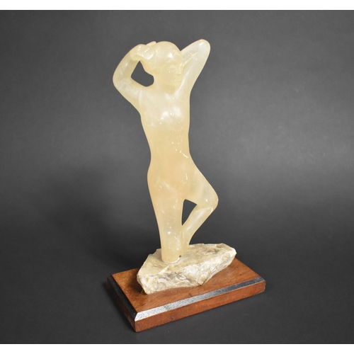 75 - An Early 20th Century Carved Calcite Figure of a Female Nude, Mounted on Mahogany Plinth, 25cms High