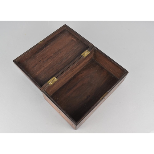 12 - A Late 19th Century Indian Brass Inlaid Rosewood Box, Inside lid Inscribed Captain W Jones, Harbour ... 