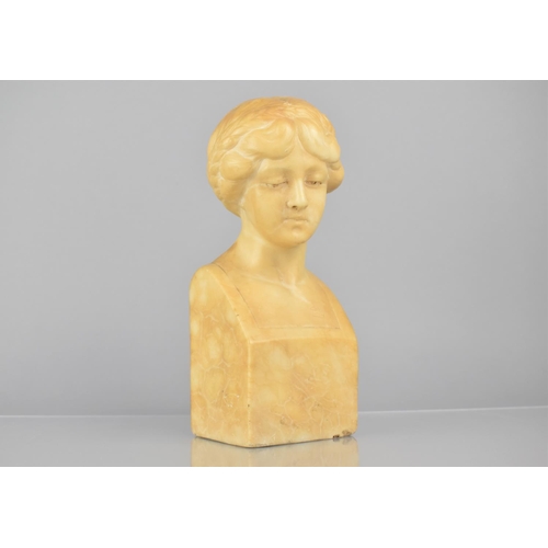 444 - A Late 19th/Early 20th Century Artisan Secession Carved Alabaster Bust of a Young Woman on an Integr... 