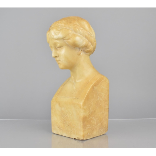 444 - A Late 19th/Early 20th Century Artisan Secession Carved Alabaster Bust of a Young Woman on an Integr... 