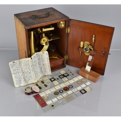 30 - A 19th Century Cased Brass Microscope, Fitted Box with Tools, Lens and Base Drawer Containing Prepar... 