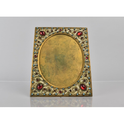 90 - A Late 19th Century Jewelled Brass Easel Back Photo Frame with Oval Opening, 16x12cms